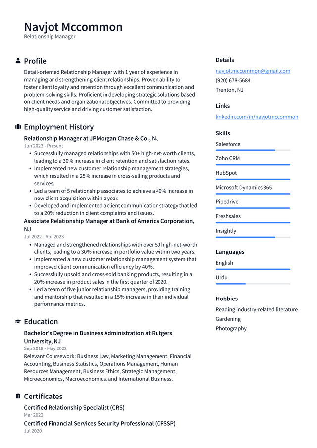 LinkedIn Relationship Manager Resume Example