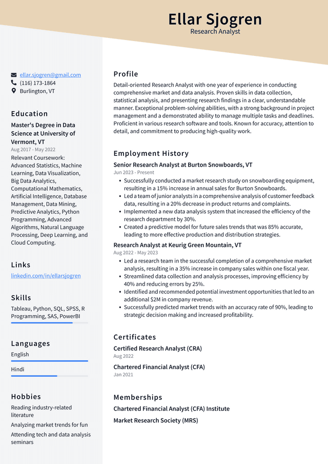 LinkedIn Research Analyst Resume Example