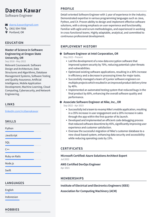 LinkedIn Software Engineer Resume Example