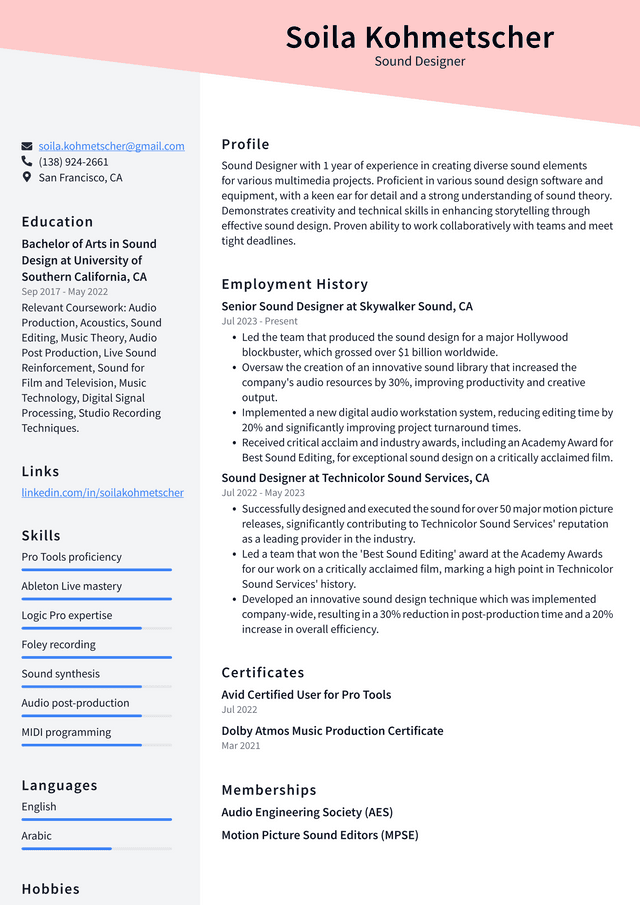 LinkedIn Sound Designer Resume Example