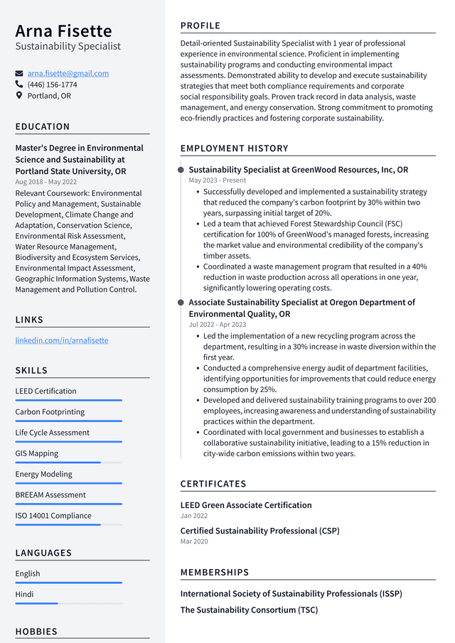 LinkedIn Sustainability Specialist Resume Example