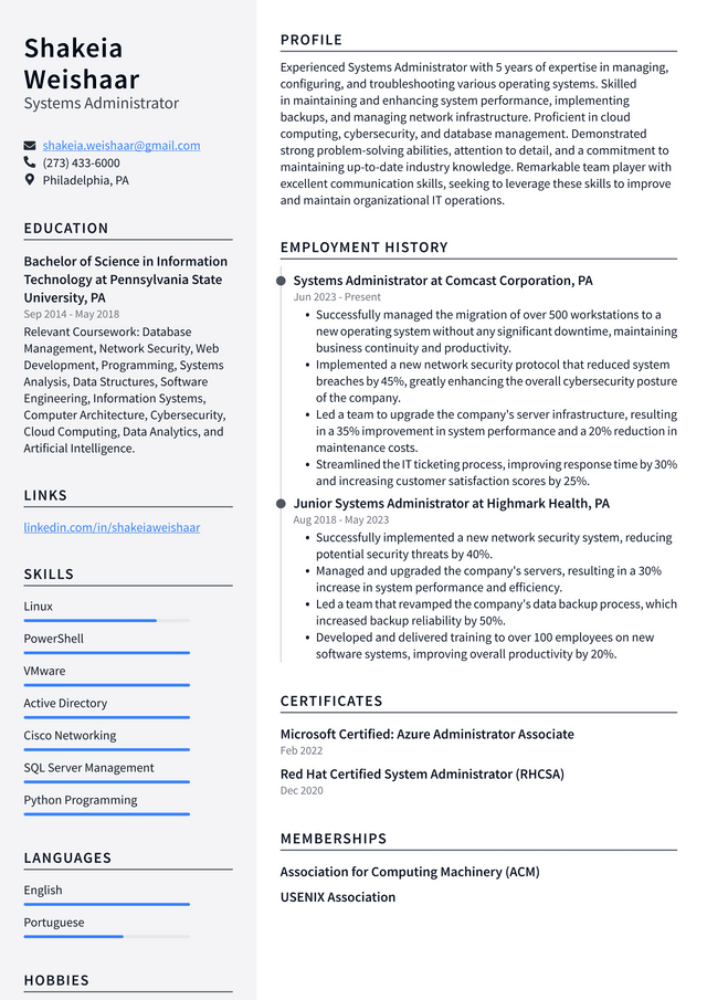 LinkedIn Systems Administrator Resume Example