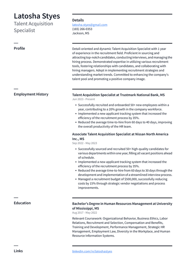 LinkedIn Talent Acquisition Specialist Resume Example