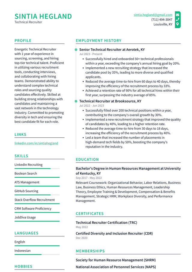 LinkedIn Technical Recruiter Resume Example