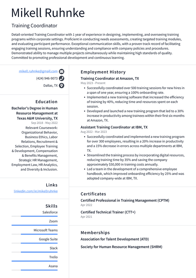 LinkedIn Training Coordinator Resume Example