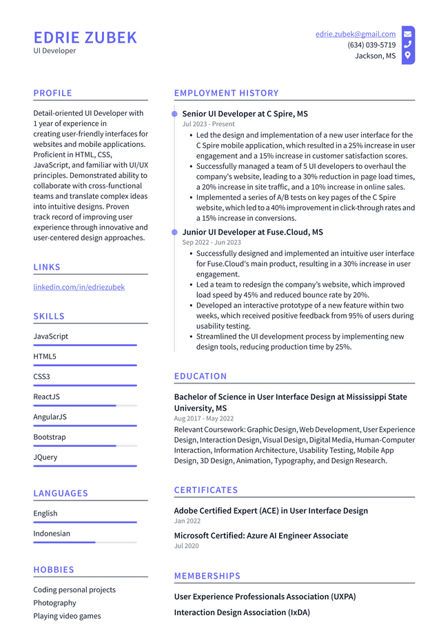 LinkedIn UI Developer Resume Example