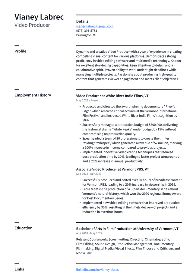 LinkedIn Video Producer Resume Example