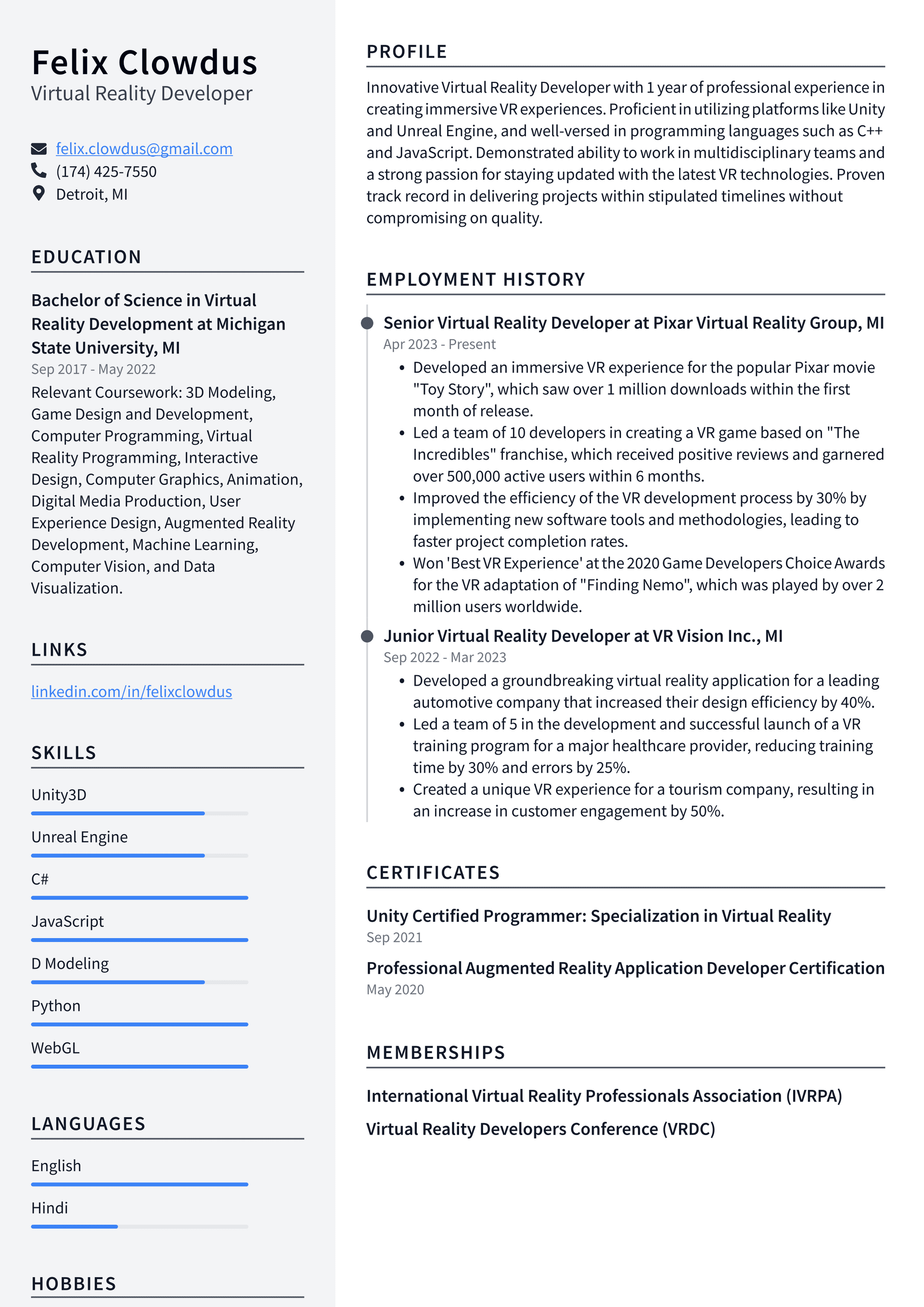 LinkedIn Virtual Reality Developer Resume Examples