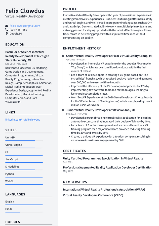 LinkedIn Virtual Reality Developer Resume Example