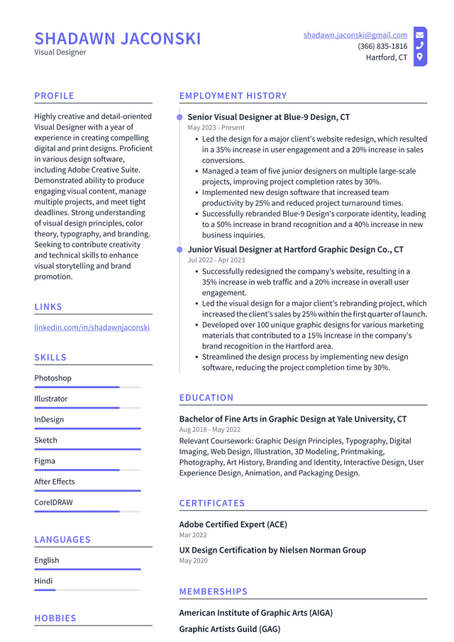 LinkedIn Visual Designer Resume Example