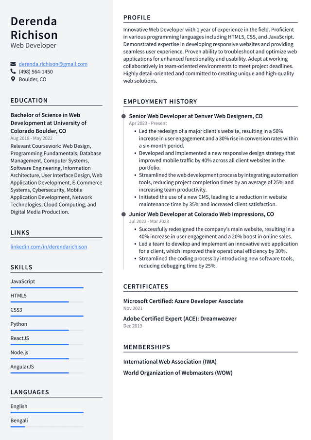 LinkedIn Web Developer Resume Example