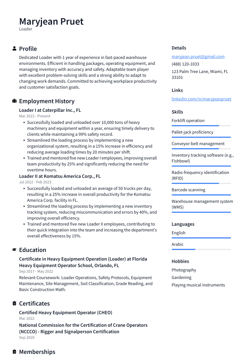 Loader Resume Example