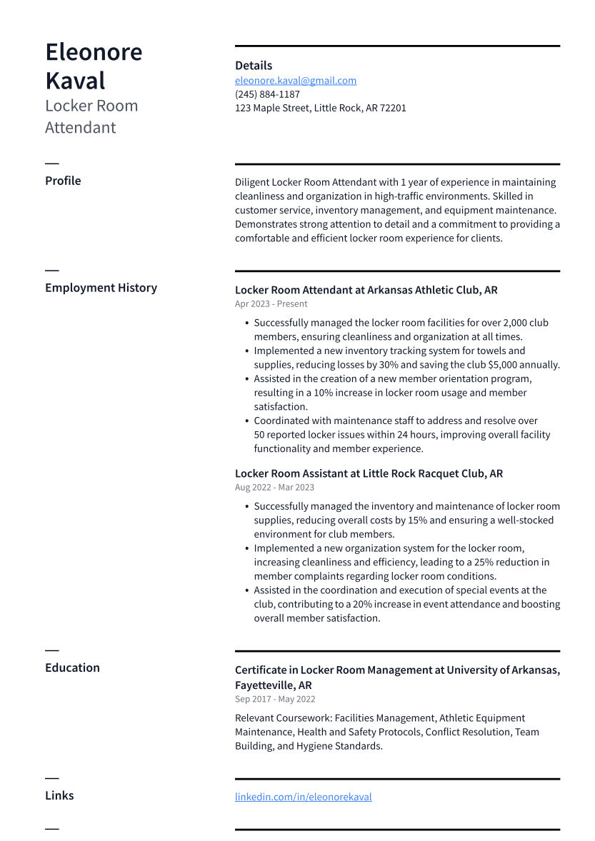 Locker Room Attendant Resume Example