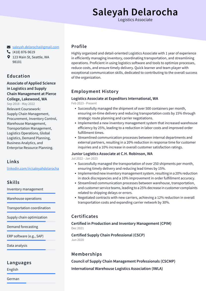 Logistics Associate Resume Example
