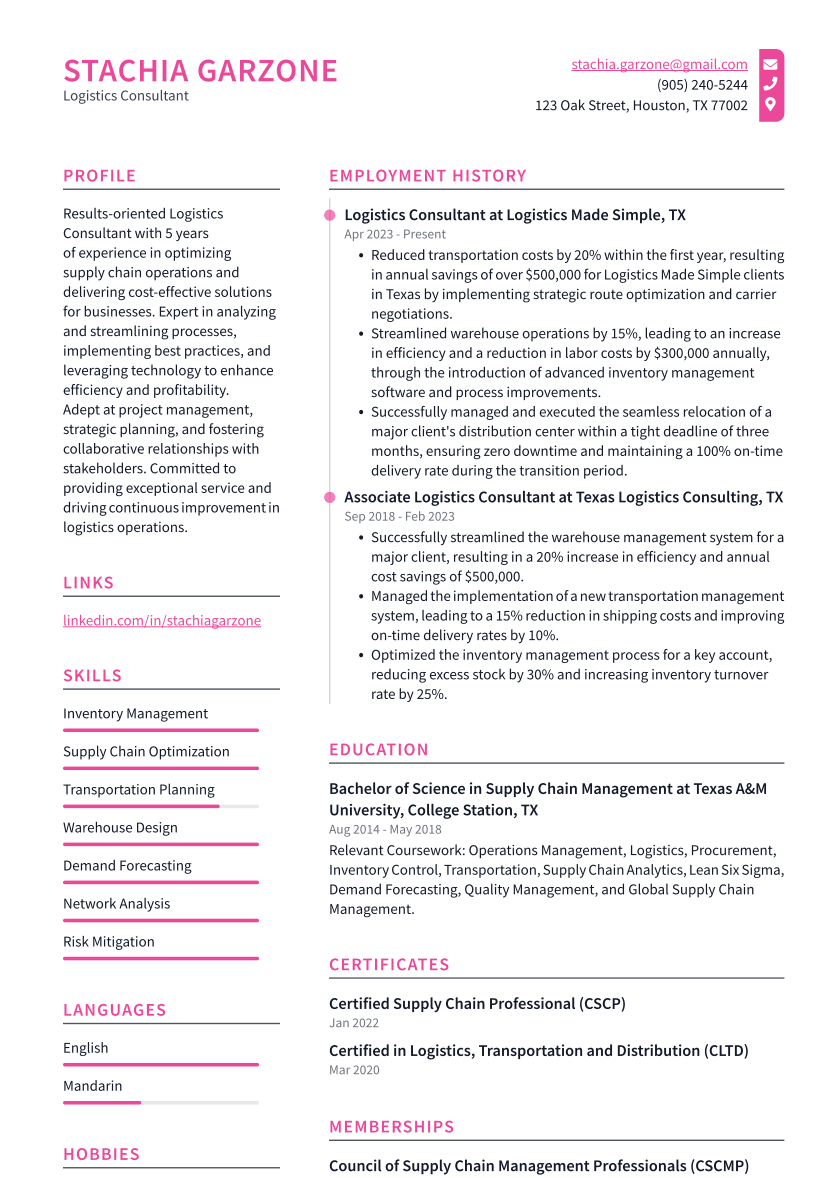 Logistics Consultant Resume Example