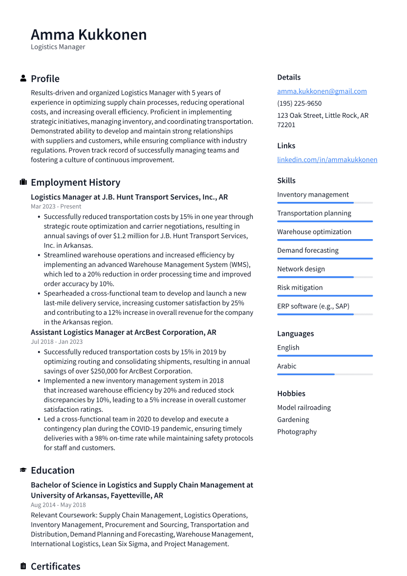 Logistics Manager Resume Example