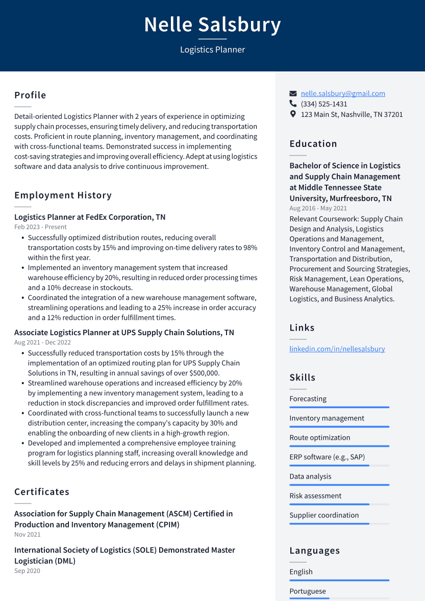 Logistics Planner Resume Example