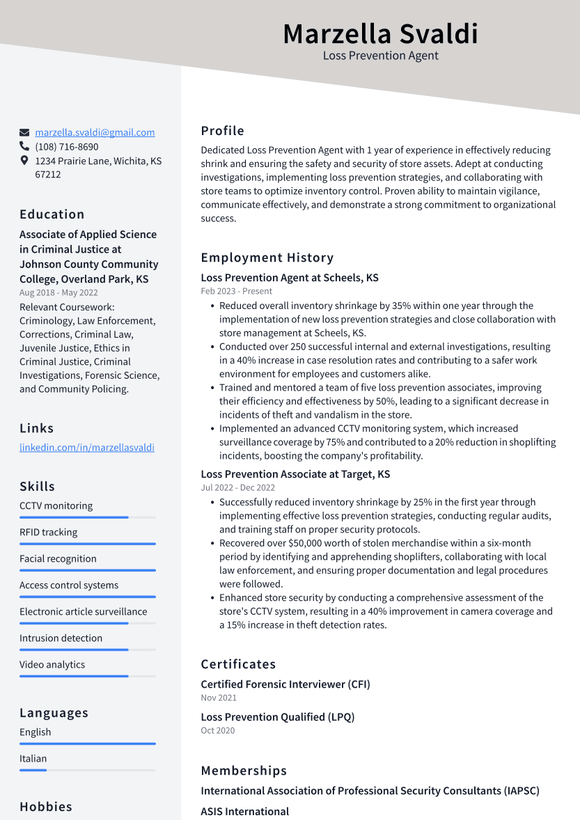 Loss Prevention Agent Resume Example