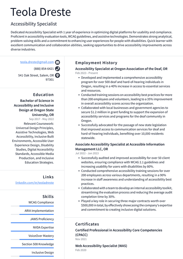 Lyft Accessibility Specialist Resume Example