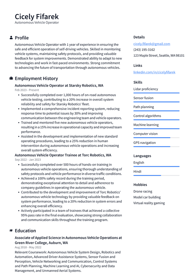 Lyft Autonomous Vehicle Operator Resume Example