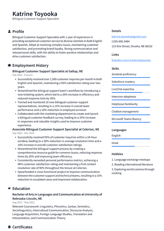 Lyft Bilingual Customer Support Specialist Resume Example