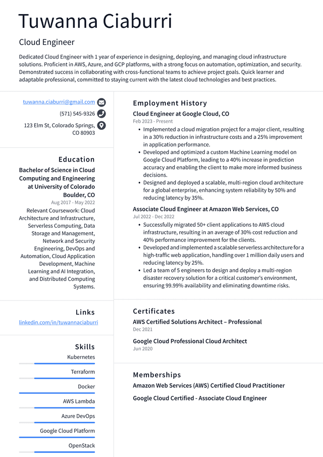 Lyft Cloud Engineer Resume Example