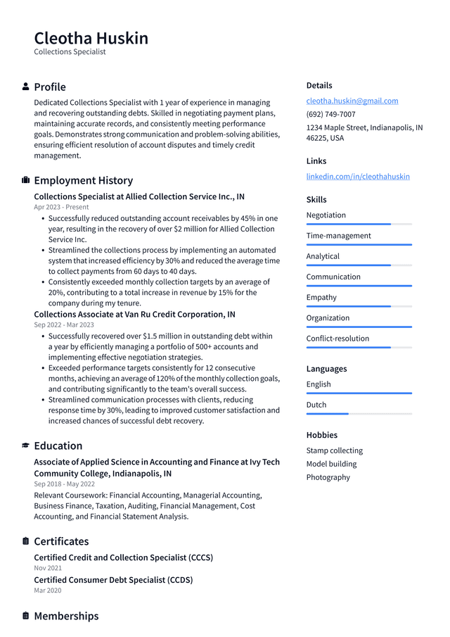 Lyft Collections Specialist Resume Example