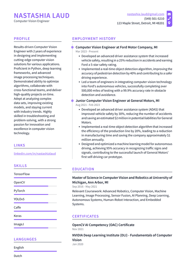 Lyft Computer Vision Engineer Resume Example