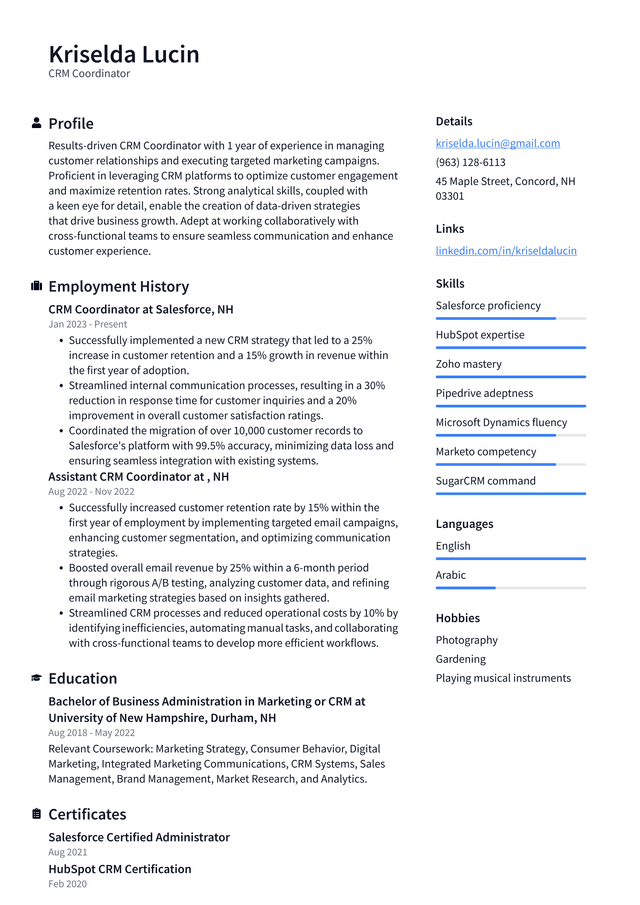 Lyft CRM Coordinator Resume Example