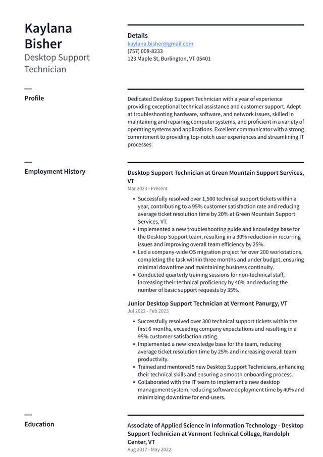 Lyft Desktop Support Technician Resume Example