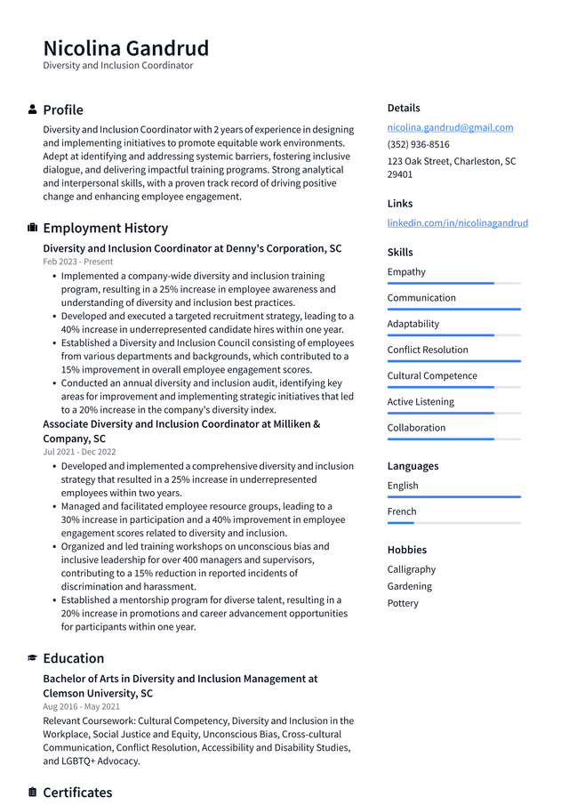 Lyft Diversity and Inclusion Coordinator Resume Example