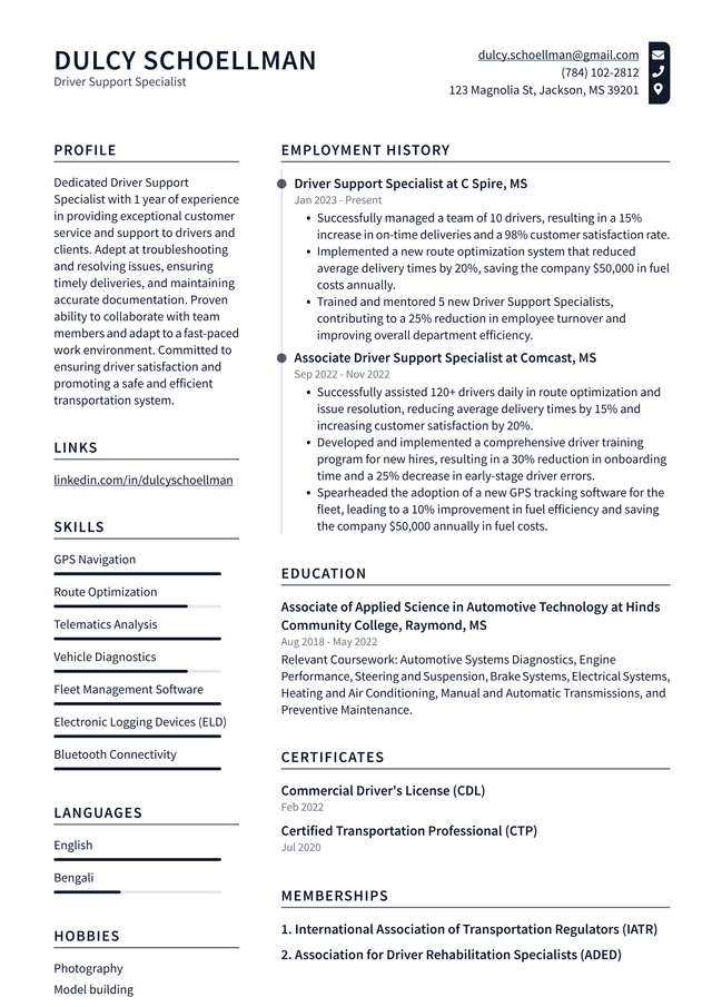 Lyft Driver Support Specialist Resume Example