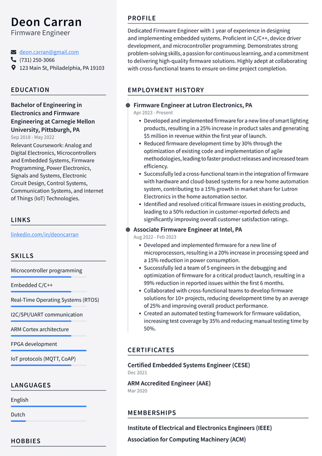 Lyft Firmware Engineer Resume Example