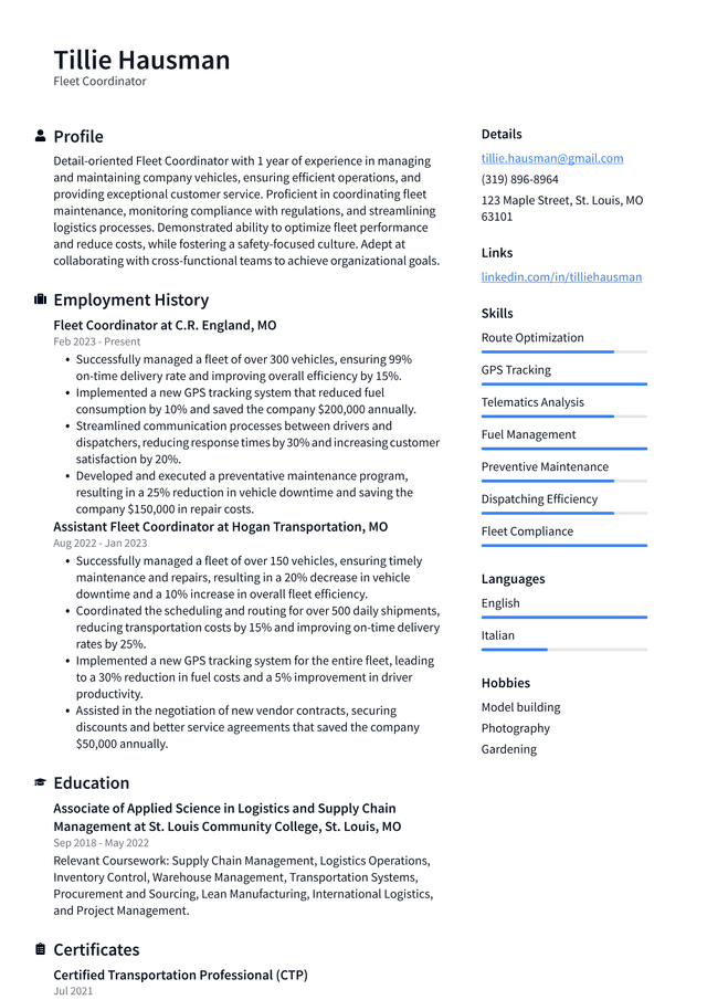 Lyft Fleet Coordinator Resume Example