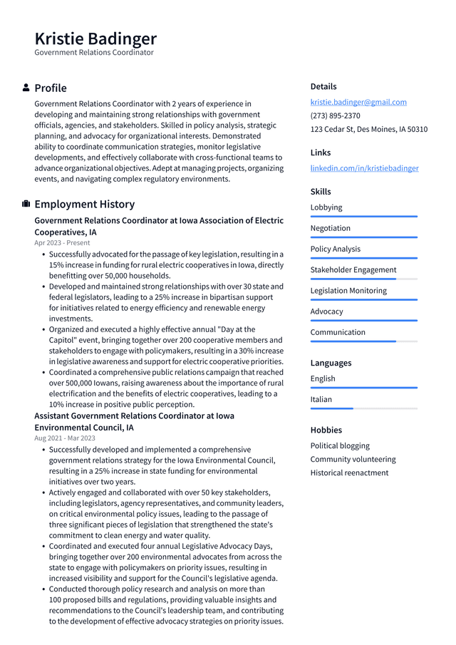 Lyft Government Relations Coordinator Resume Example