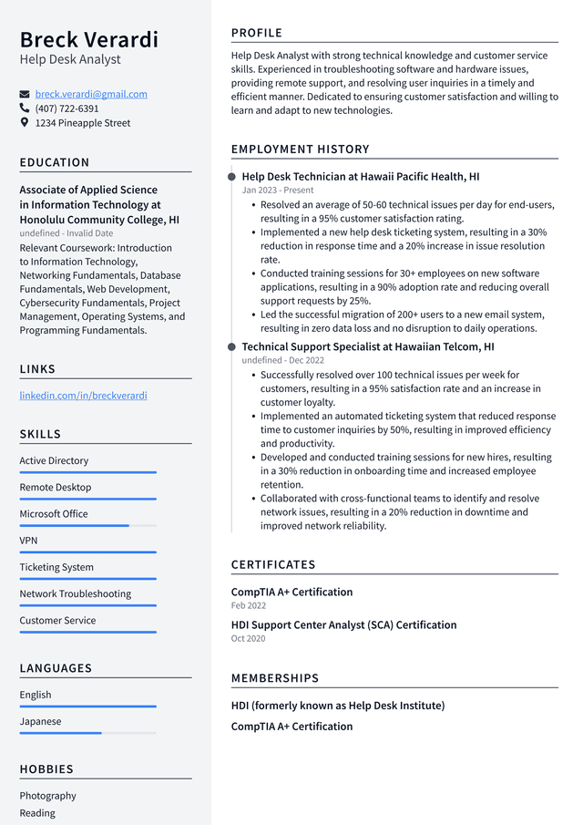 Lyft Help Desk Analyst Resume Example