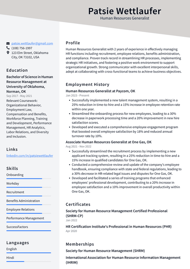 Lyft Human Resources Generalist Resume Example