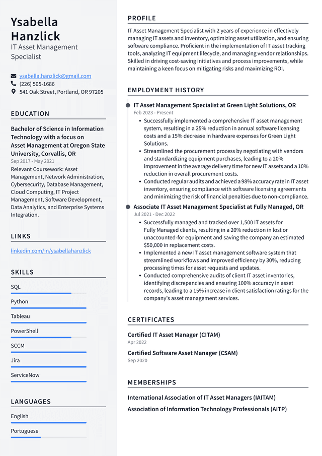 Lyft IT Asset Management Specialist Resume Example