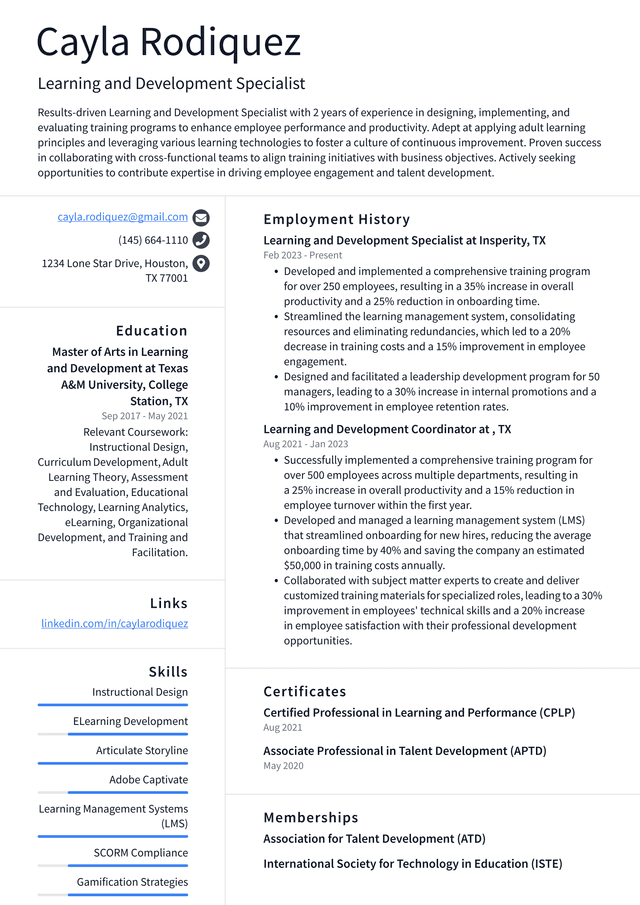 Lyft Learning and Development Specialist Resume Example