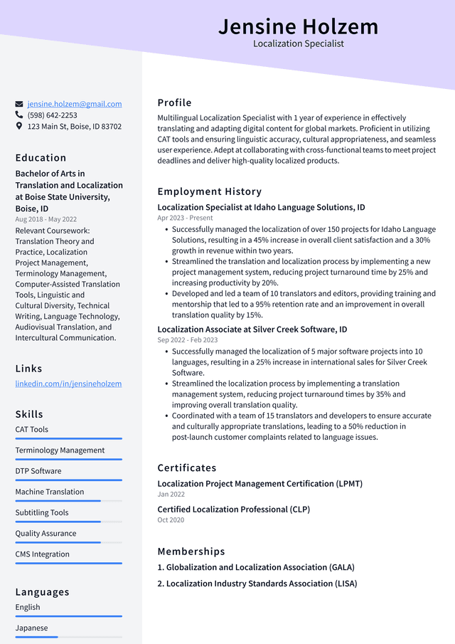 Lyft Localization Specialist Resume Example