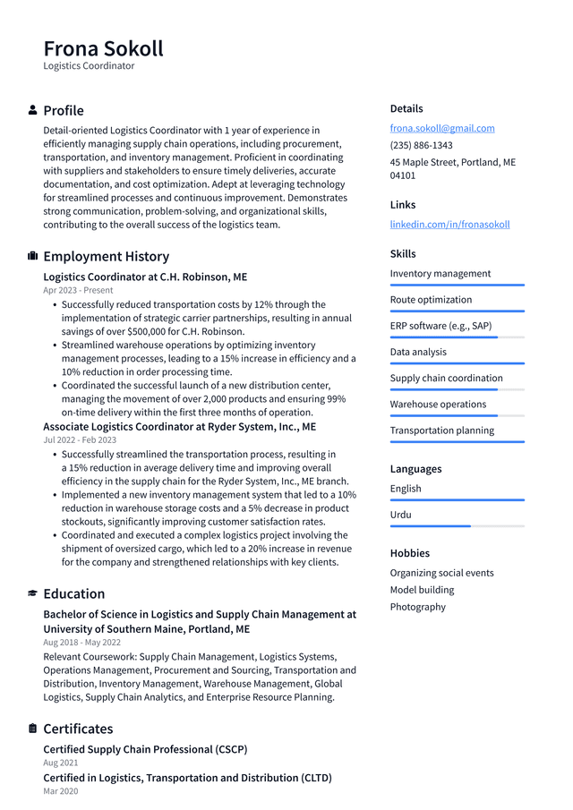 Lyft Logistics Coordinator Resume Example