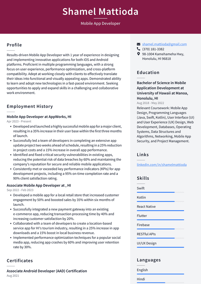 Lyft Mobile App Developer Resume Example