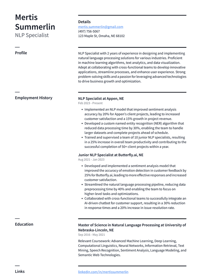 Lyft NLP Specialist Resume Example