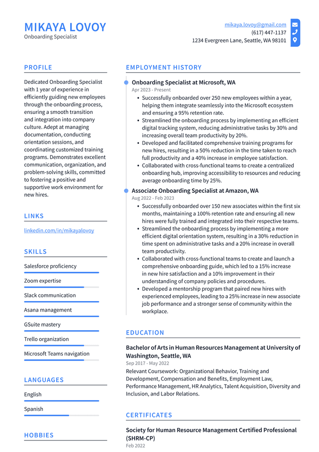 Lyft Onboarding Specialist Resume Example