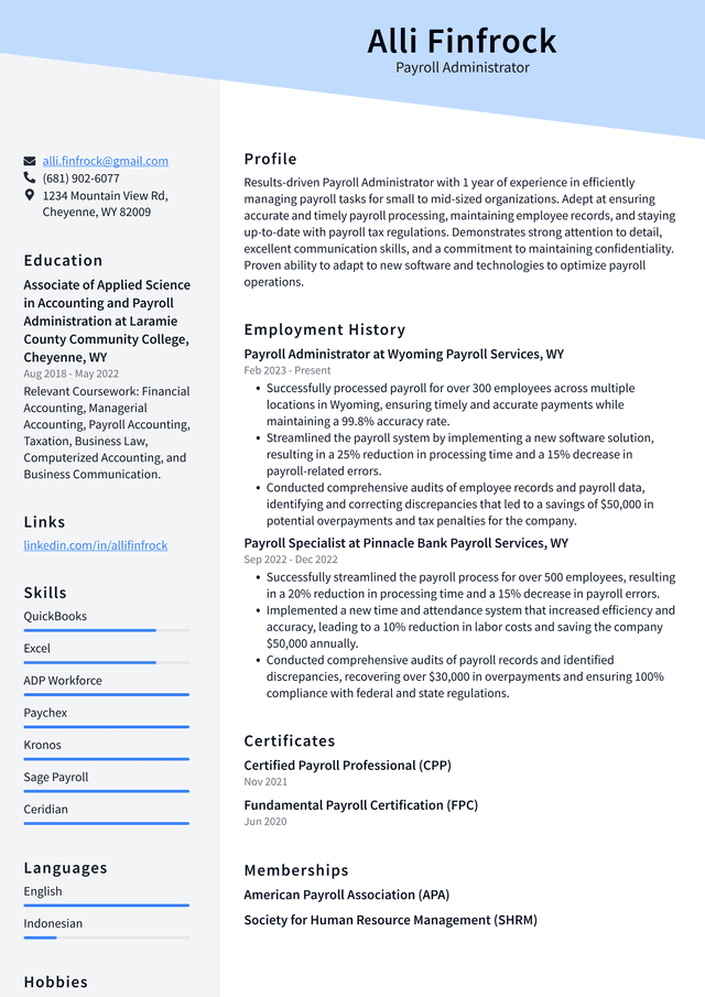 Lyft Payroll Administrator Resume Example