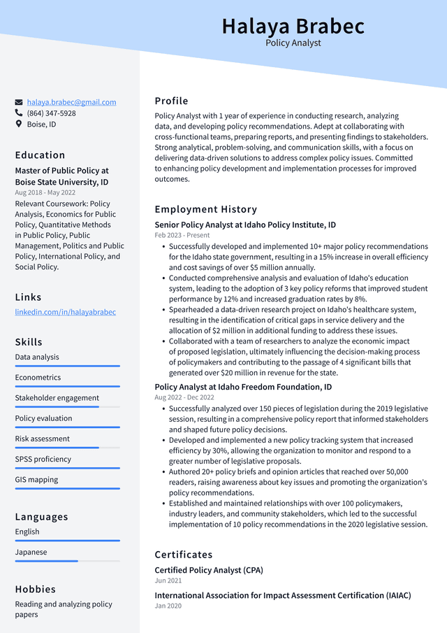 Lyft Policy Analyst Resume Example