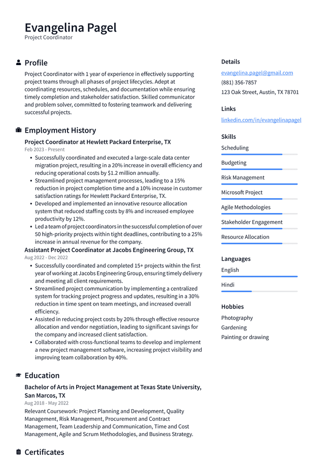 Lyft Project Coordinator Resume Example