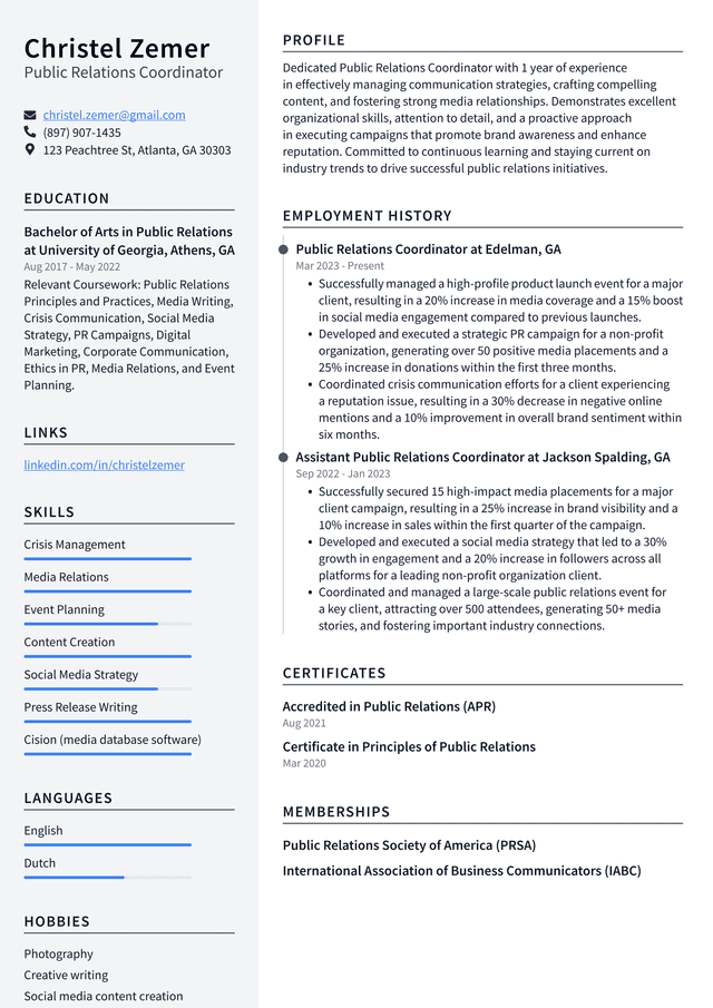 Lyft Public Relations Coordinator Resume Example