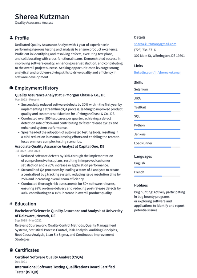 Lyft Quality Assurance Analyst Resume Example