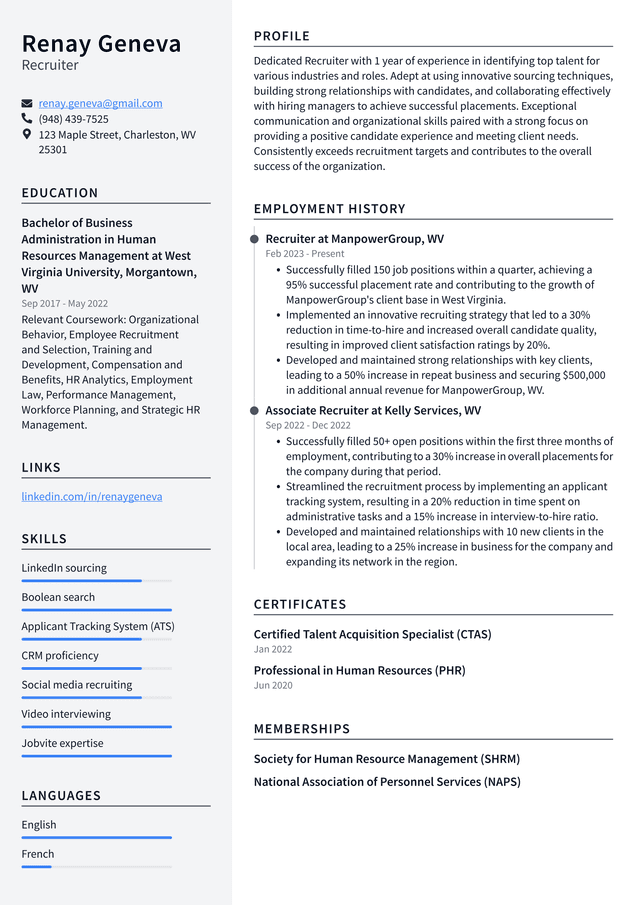 Lyft Recruiter Resume Example